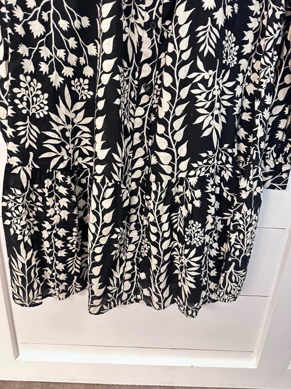 NWT H&M XL cotton black-white floral button long sleeve midi A-Line ruffle dress - Picture 4 of 16